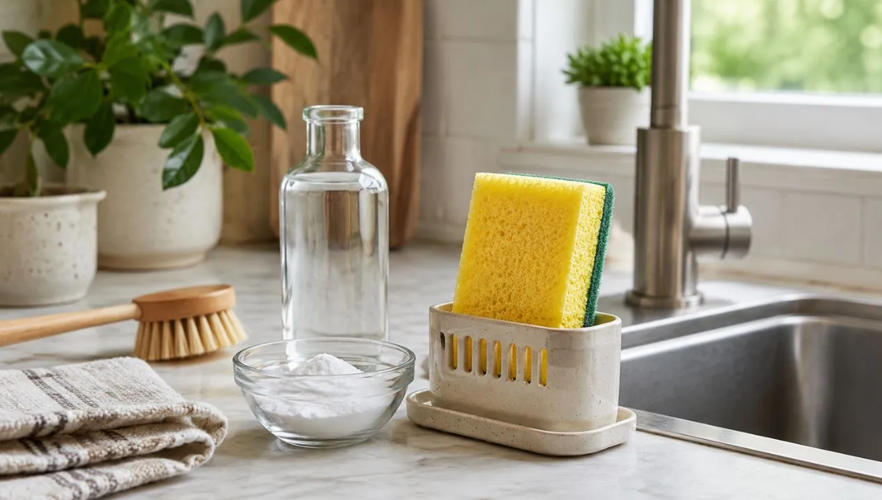 Clean kitchen sponge drying upright near baking soda and vinegar for natural odor control without bleach.